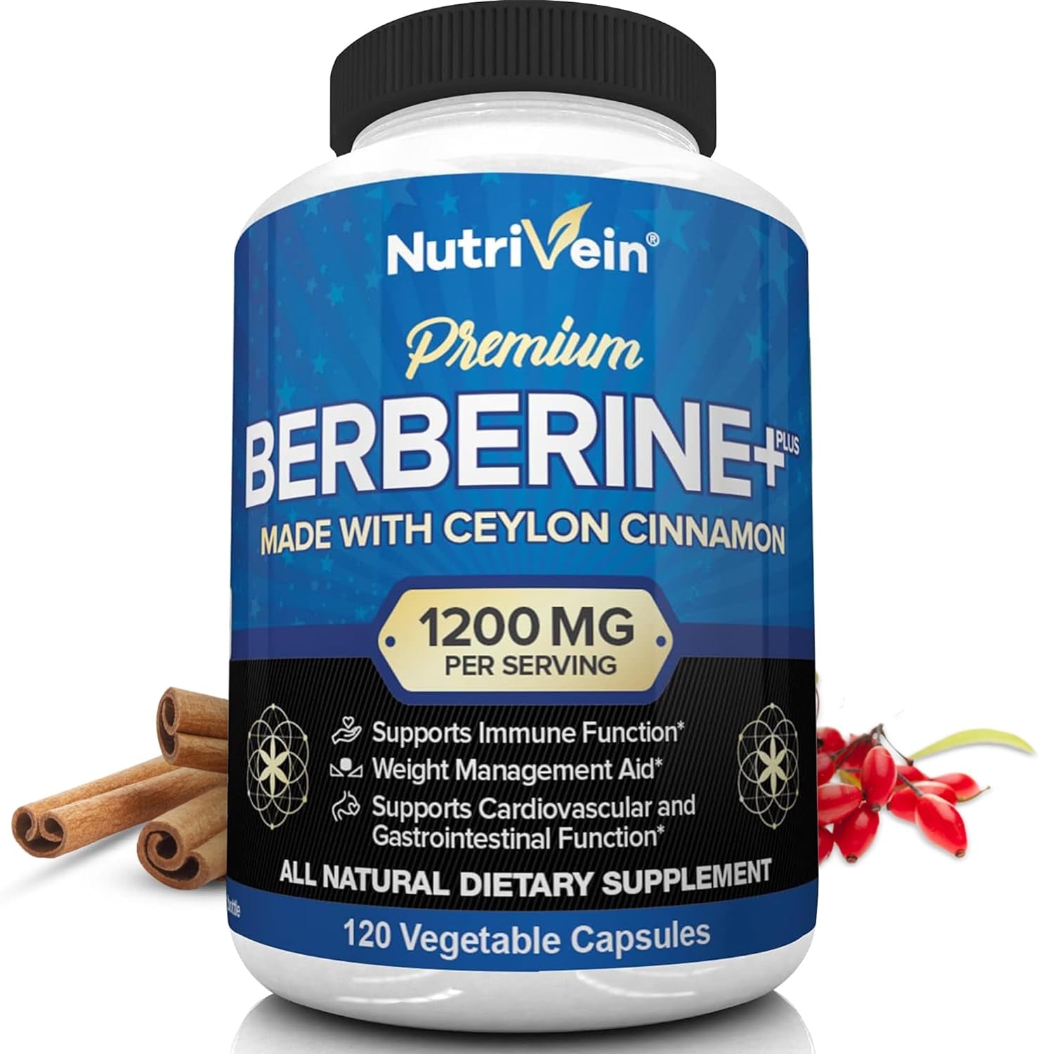 Nutrivein Premium Berberine HCL 1200Mg plus Organic Ceylon Cinnamon - 120 Capsules - Supports Immune System, Weight Management - Berberine HCI Supplement