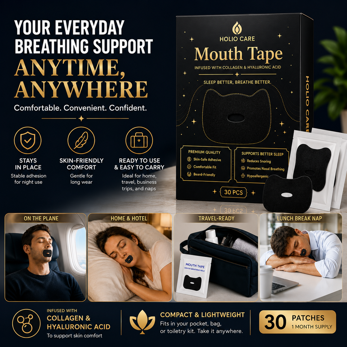 Holio Care Mouth Tape with Collagen & Hyaluronic Acid | Gentle Sleep Tape for Better Nasal Breathing | Skin-Friendly Adhesive