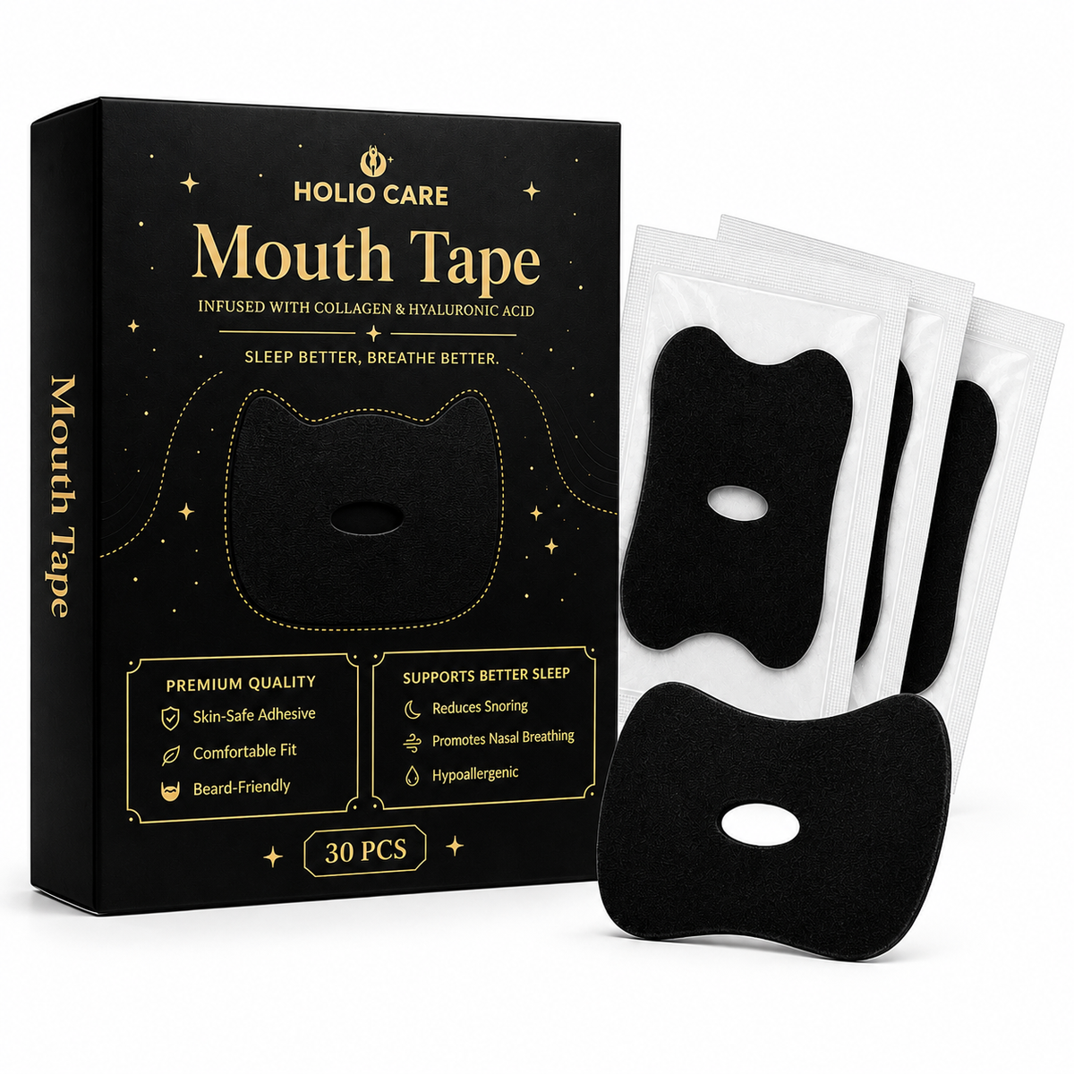 Holio Care Mouth Tape with Collagen & Hyaluronic Acid | Gentle Sleep Tape for Better Nasal Breathing | Skin-Friendly Adhesive