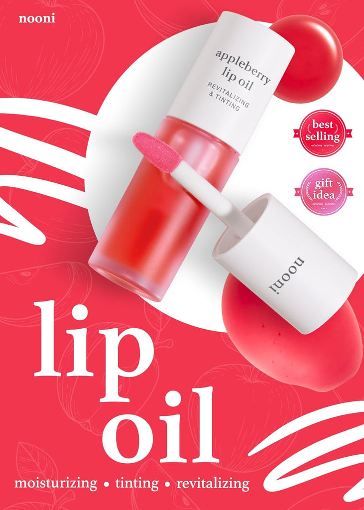 NOONI Korean Lip Oil - Appleberry | Lip Stain, Gift, Long-Lasting, Moisturizing, Plumping, Revitalizing, and Tinting for Dry Lips with Raspberry Fruit Extract, Glass Skin Look, 0.12 Fl Oz