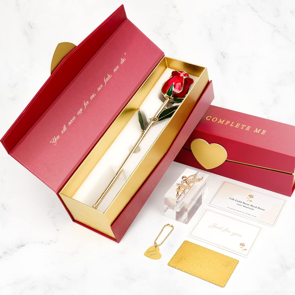 "Eternal Love: 24K Gold Dipped Real Rose with Crystal Stand - Perfect Gift for Wife/Mom on Christmas, Birthdays, Anniversaries, and Valentines Day"