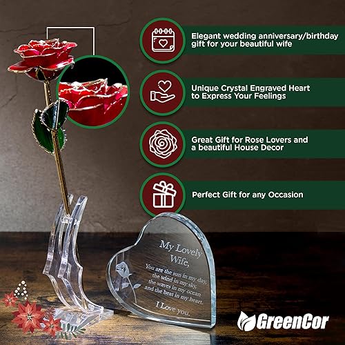 "Enchanting Christmas Gift Set for Wife - Exquisite Engraved Wooden Keepsake, Crystal Heart, and 24K Gold Dipped Rose - Perfect for Birthdays, Anniversaries, and More!"
