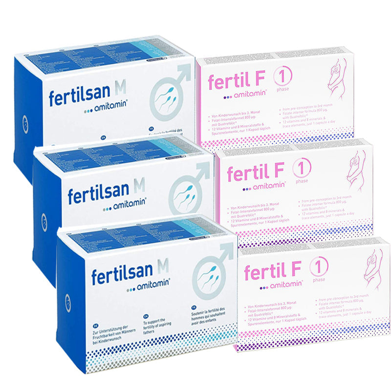 amitamin Complete Family Planning Bundle - For Him & Her - 3 FertilsanM (Powder or Capsules) + 3 Fertil F Phase1 (Bundle of 90 Days Supply)