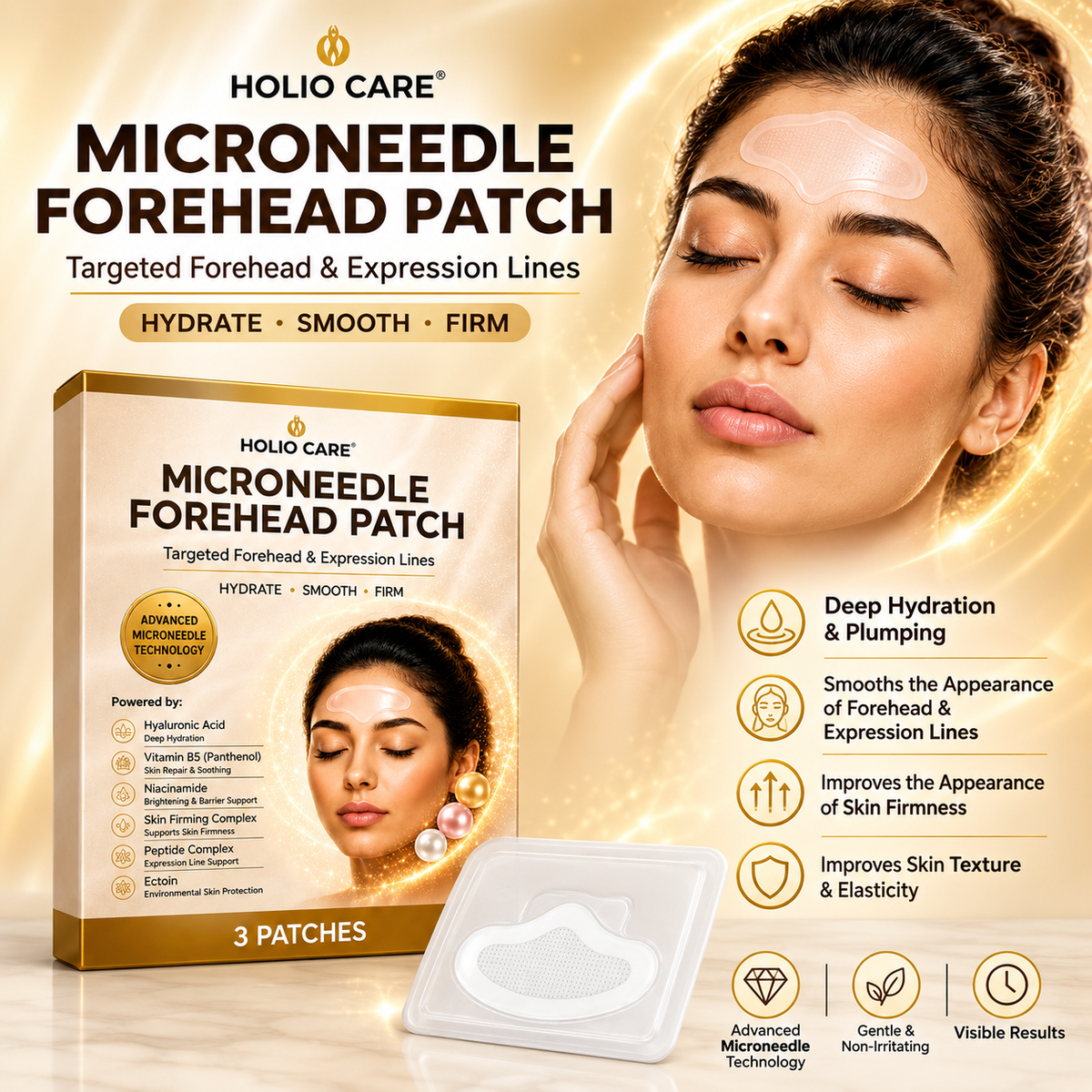 Holio Care Microneedle Forehead Patch – Advanced Forehead Wrinkle Patch with Hyaluronic Acid, Vitamin B5, Niacinamide & Pepti