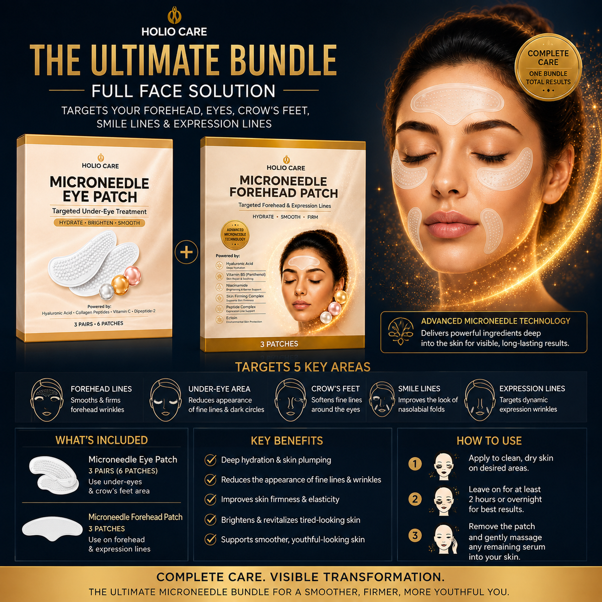 Holio Care Ultimate Microneedle Bundle – Full Face Microneedle Patch System | Forehead Patch + Eye Patches | Targets Forehead