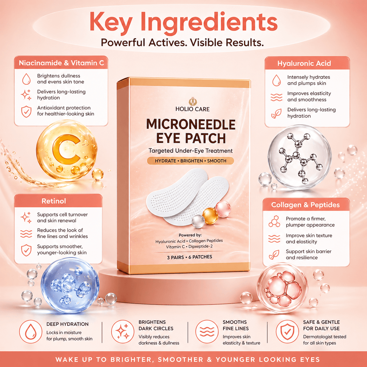 Microneedle Eye Patch for Dark Circles & Puffiness | Hydrating Under Eye Patches | Holio Care