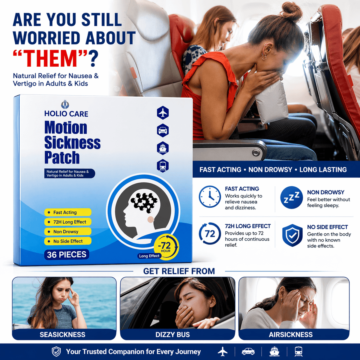 Holio Care Motion Sickness Patch – Natural Aromatherapy Travel Patch for Car, Ship & Airplane (36-Pack)