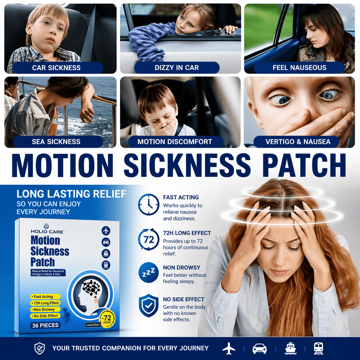 Holio Care Motion Sickness Patch – Natural Aromatherapy Travel Patch for Car, Ship & Airplane (36-Pack)