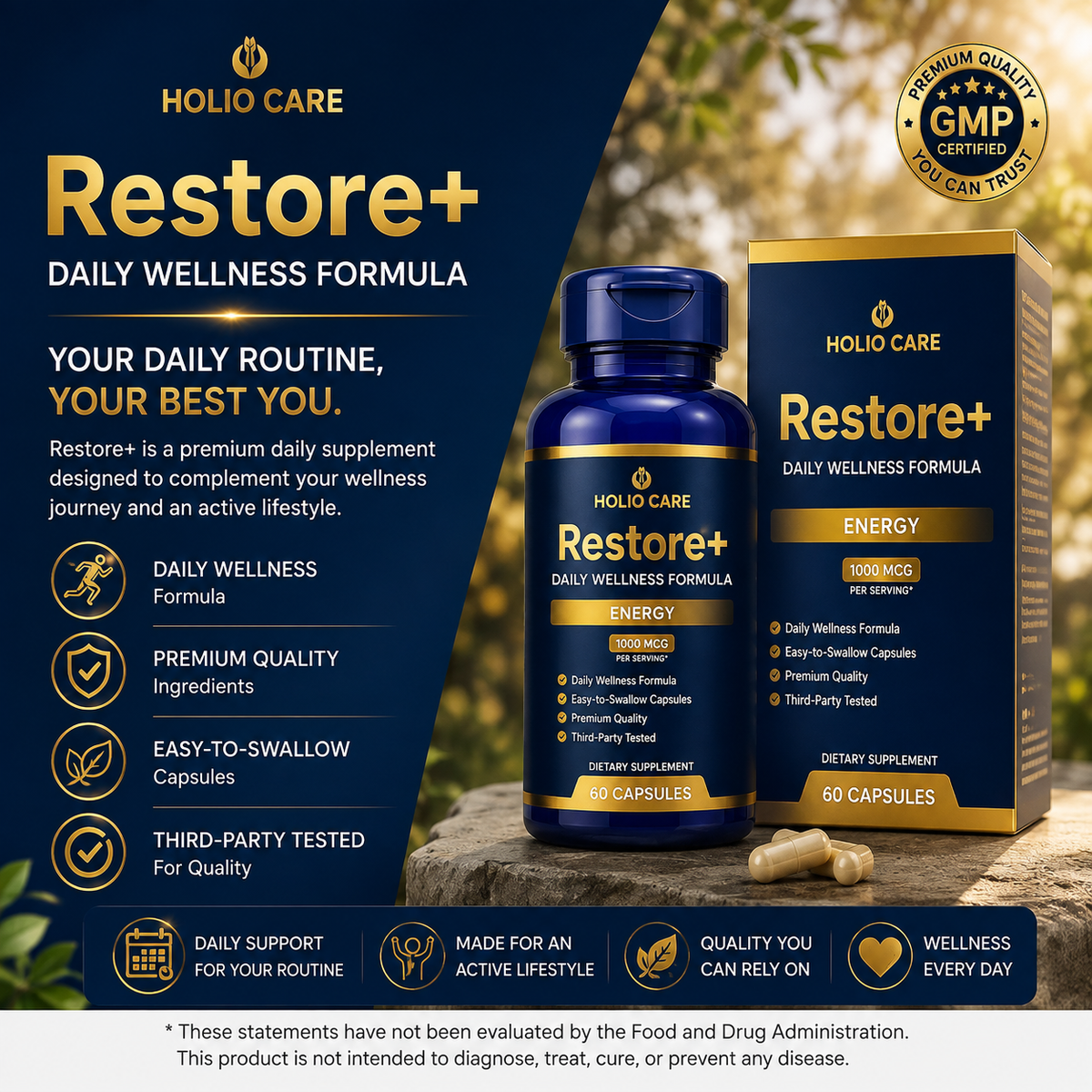 Restore+ Daily Wellness Formula | Holio Care | 60 Capsules