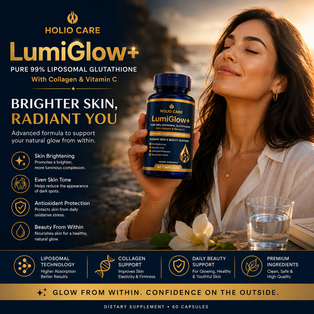 LumiGlow+ Liposomal Glutathione Brightening Formula | With Collagen & Vitamin C | Skin Brightening & Beauty Support | 60 Caps
