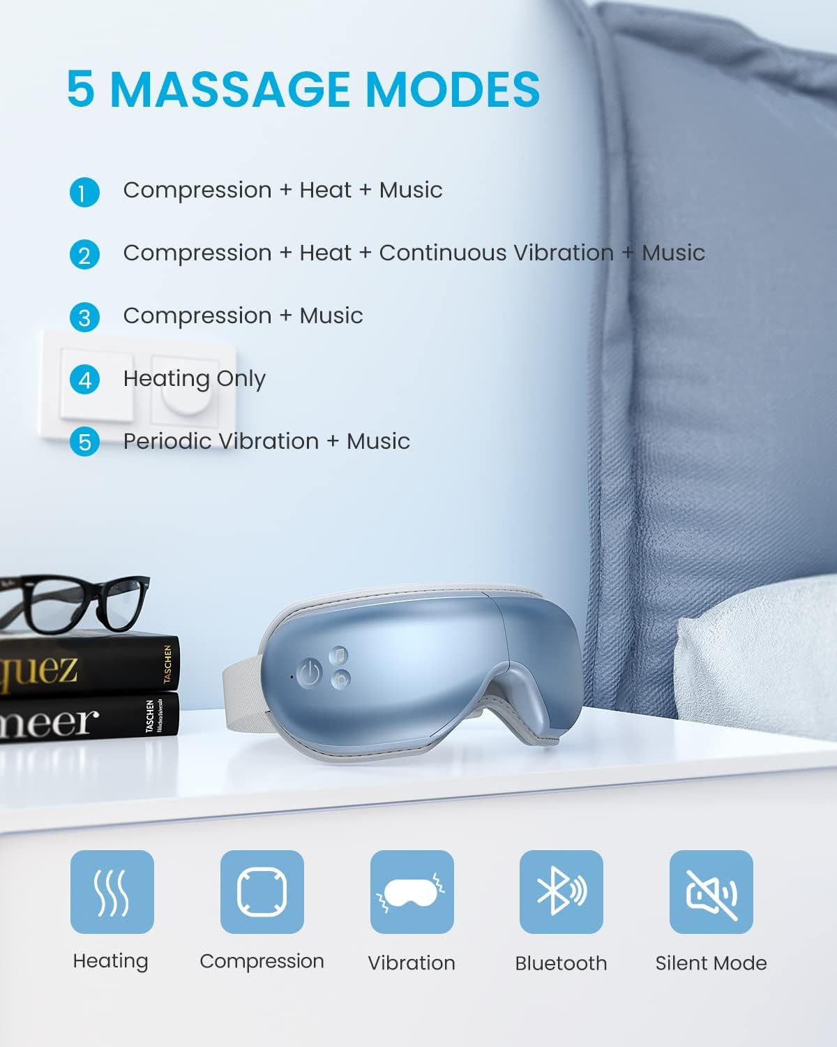 RENPHO Eyeris1 Eye Massager for Migraine, Eye Temple Massager with Heat & Remote Wand, Compression, Silent Mode, Bluetooth, Heated Eye Mask for Eye Relax, Relief Eye Strain, Birthday Gifts for Her Him