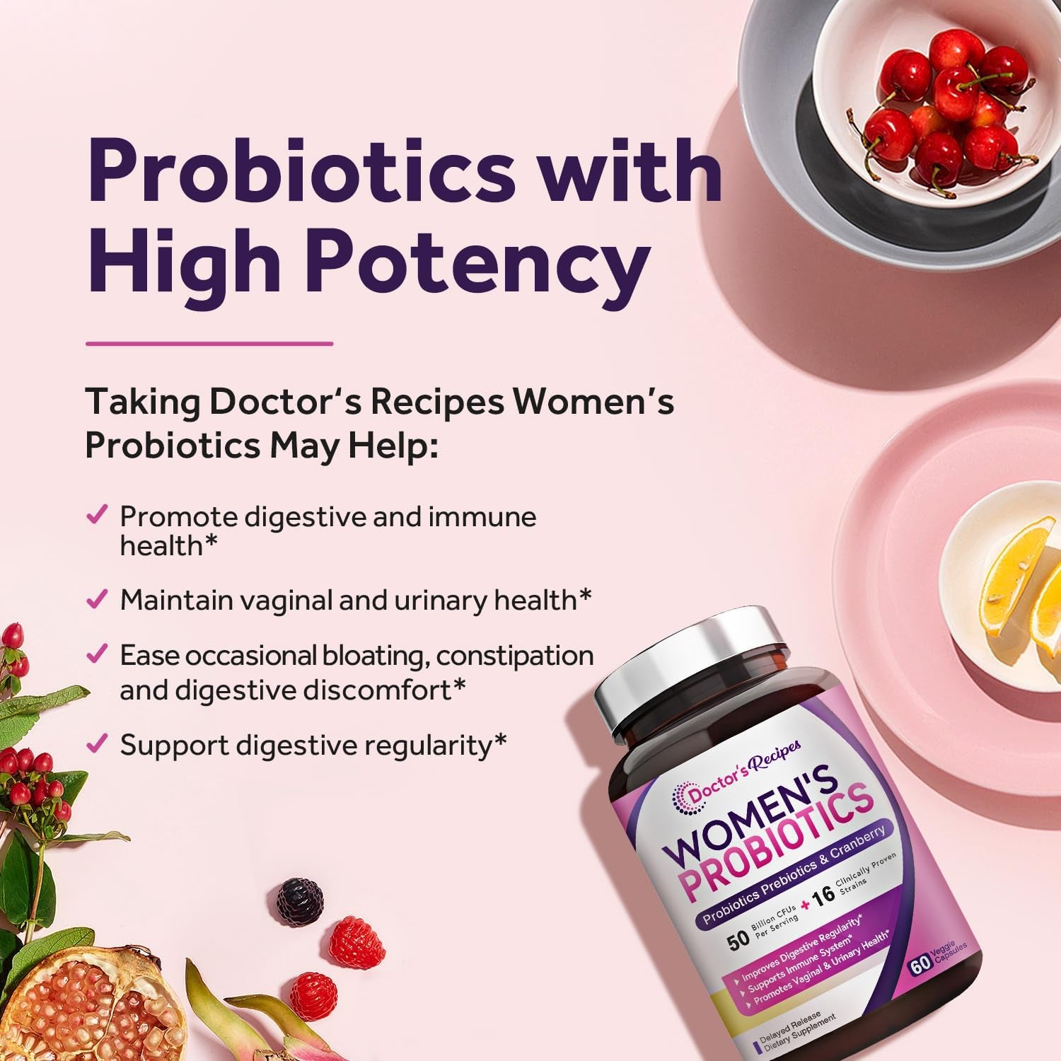 Women's Probiotic with Organic Cranberry - 60 Capsules, 50 Billion CFU, 16 Strains-Digestive Immune Vaginal & Urinary Health, Shelf Stable, Delayed Release, No Soy Gluten Dairy