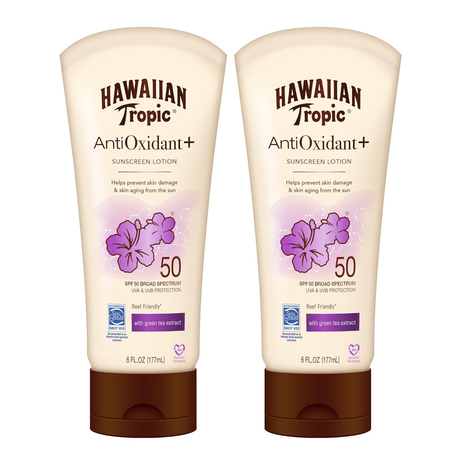 "2-Pack Hawaiian Tropic SPF 50 Sunscreen Lotion with Green Tea Extract, 6Oz Each"