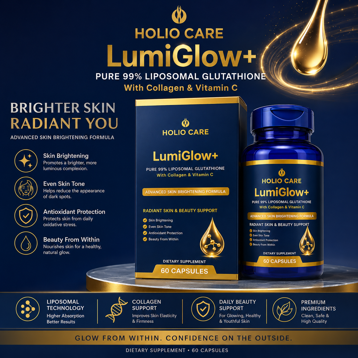LumiGlow+ Liposomal Glutathione Brightening Formula | With Collagen & Vitamin C | Skin Brightening & Beauty Support | 60 Caps