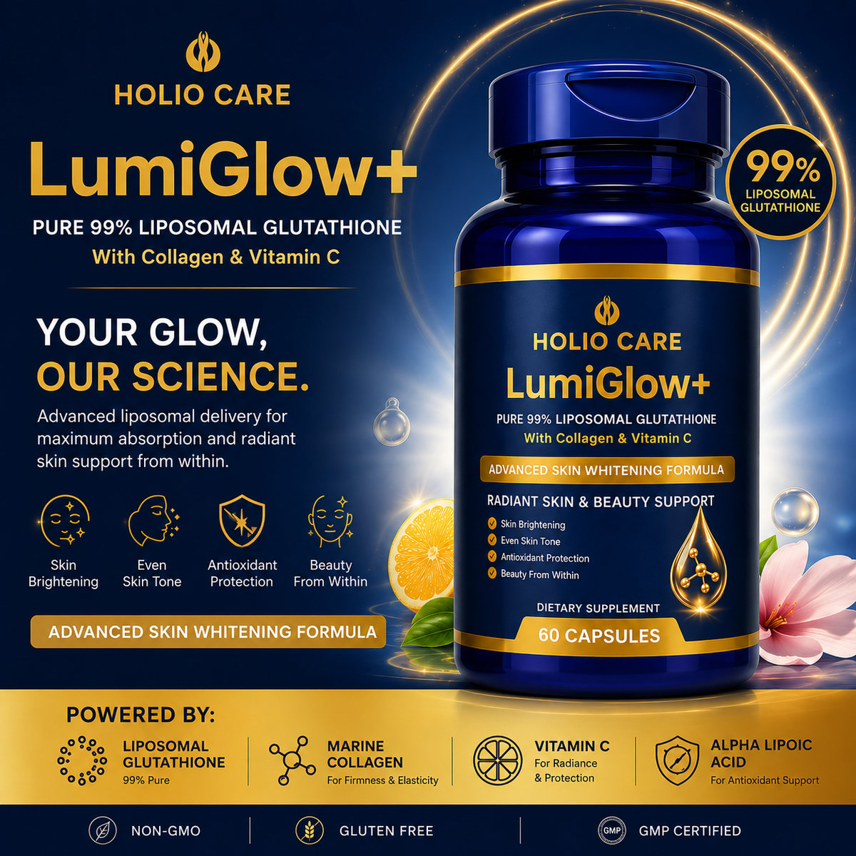 LumiGlow+ Liposomal Glutathione Brightening Formula | With Collagen & Vitamin C | Skin Brightening & Beauty Support | 60 Caps