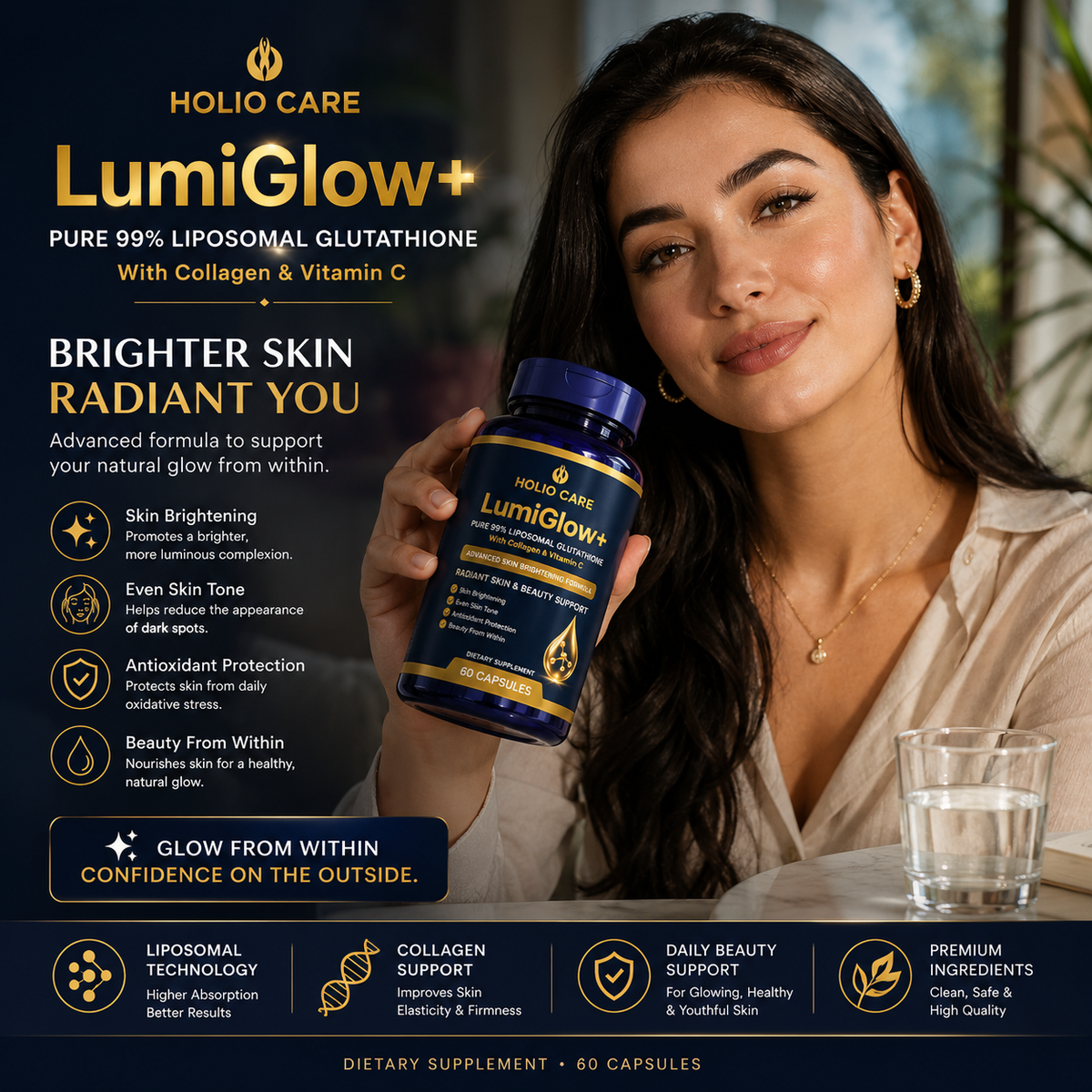 LumiGlow+ Liposomal Glutathione Brightening Formula | With Collagen & Vitamin C | Skin Brightening & Beauty Support | 60 Caps