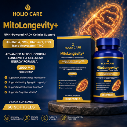 Holio Care MitoLongevity+ | NAD+ Complex with Urolithin A, Ubiquinol (CoQ10), PQQ & Trans-Resveratrol | Cellular Energy & Mit