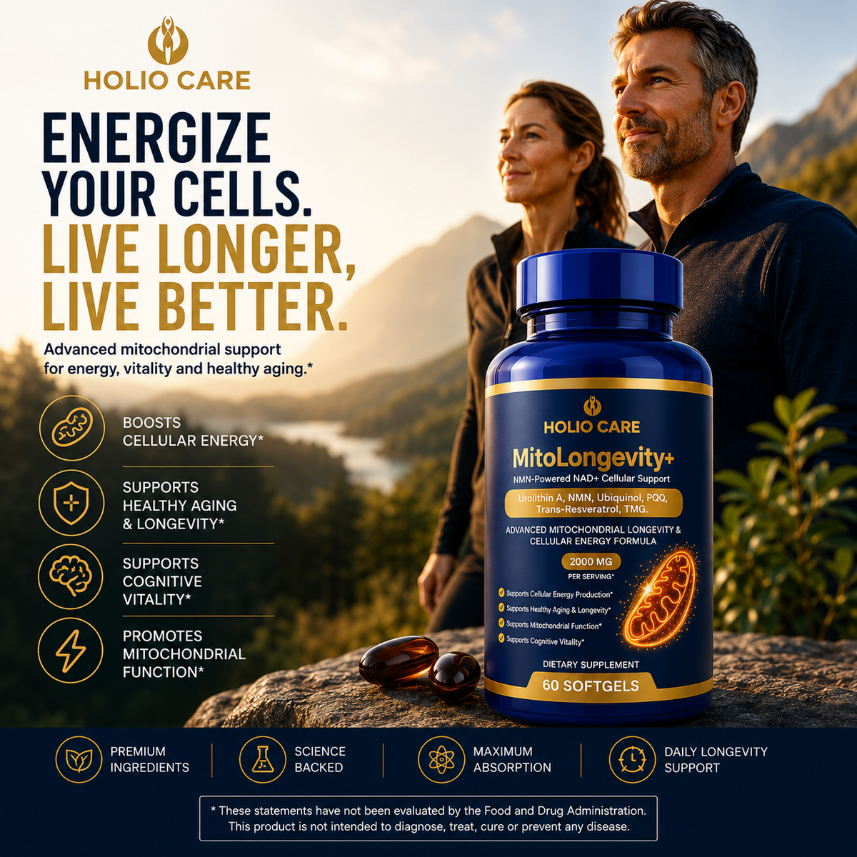 Holio Care MitoLongevity+ | NAD+ Complex with Urolithin A, Ubiquinol (CoQ10), PQQ & Trans-Resveratrol | Cellular Energy & Mit