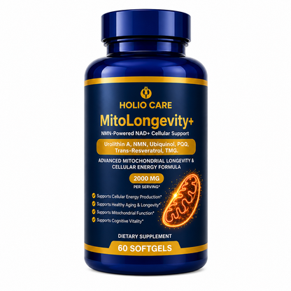 Holio Care MitoLongevity+ | NAD+ Complex with Urolithin A, Ubiquinol (CoQ10), PQQ & Trans-Resveratrol | Cellular Energy & Mit