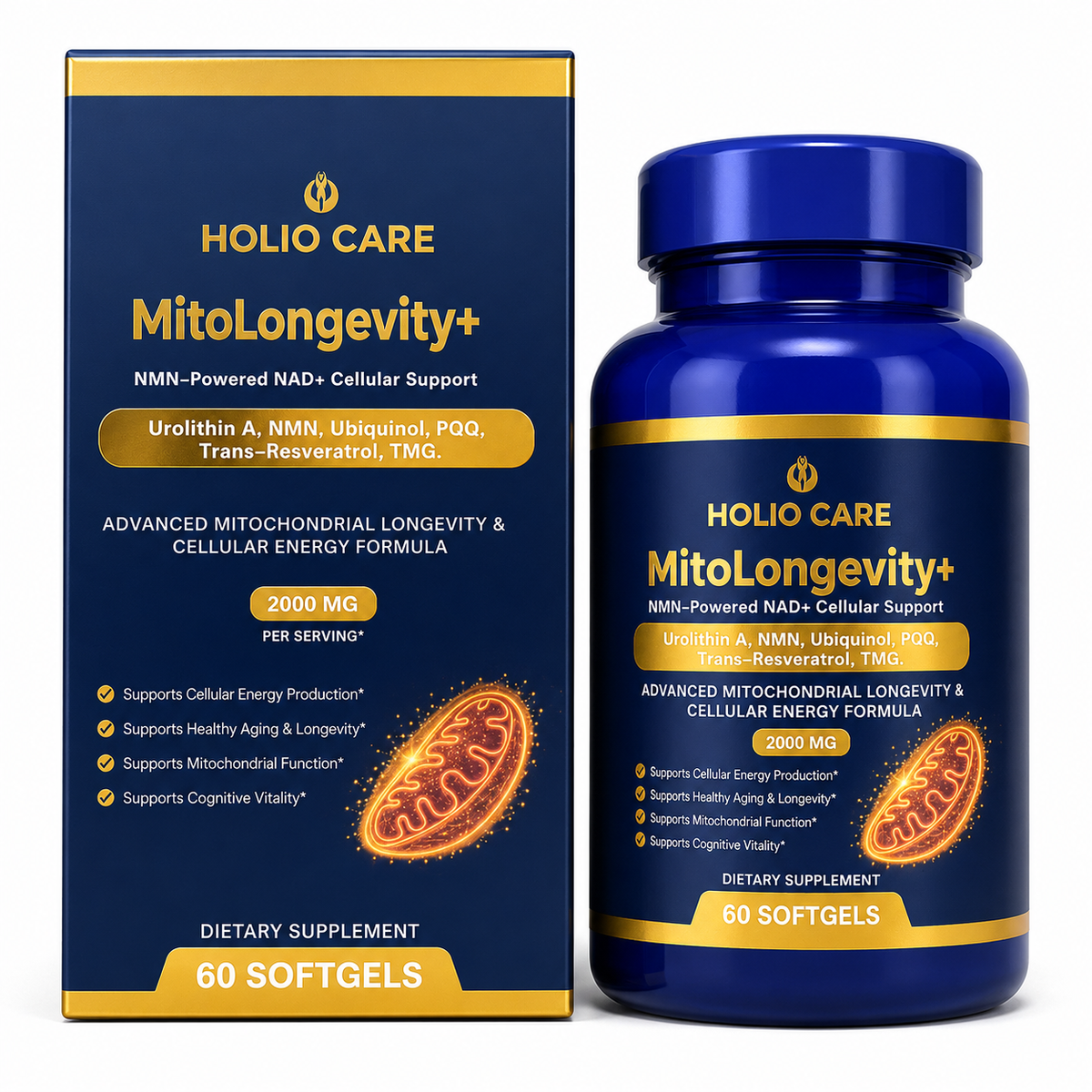 Holio Care MitoLongevity+ | NAD+ Complex with Urolithin A, Ubiquinol (CoQ10), PQQ & Trans-Resveratrol | Cellular Energy & Mit