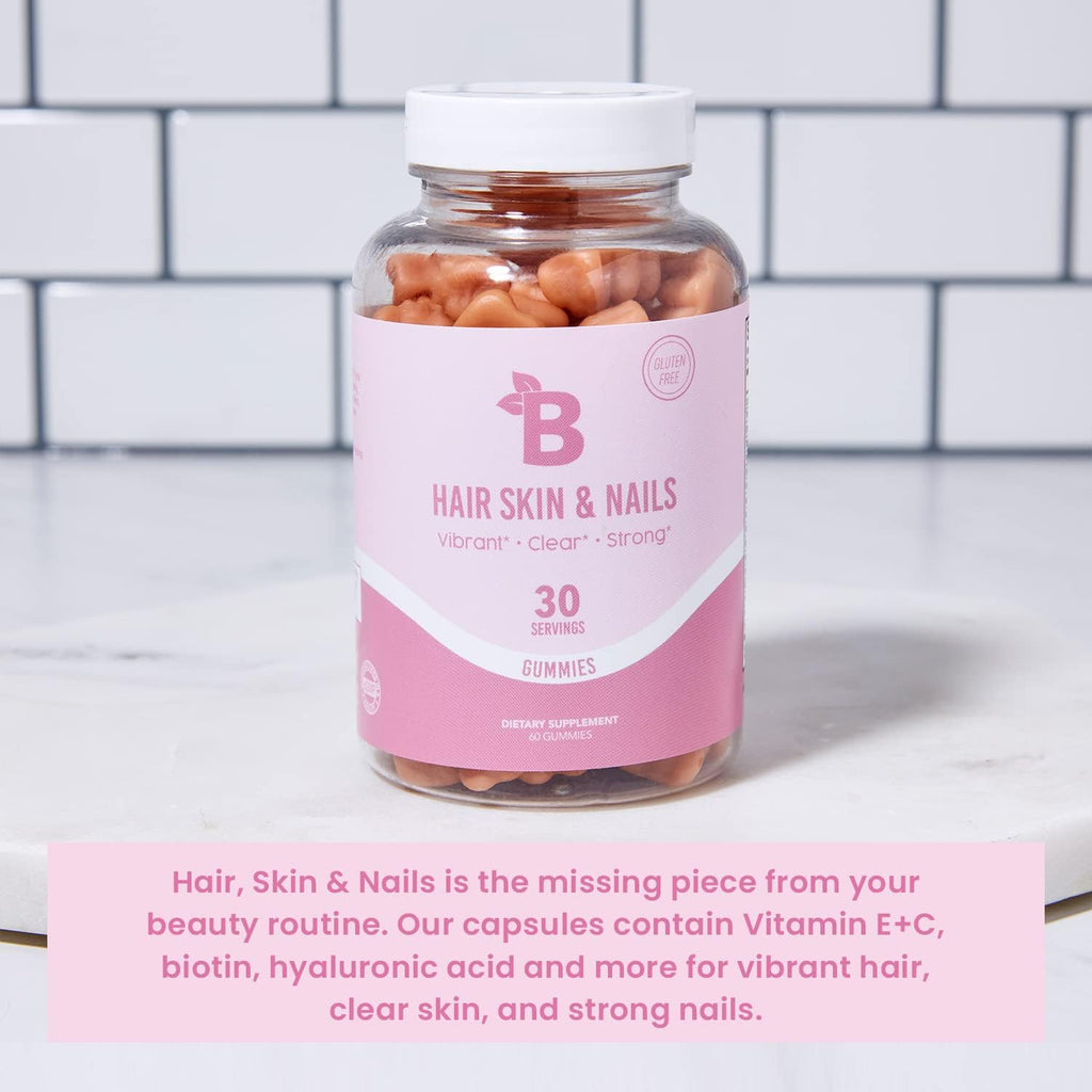 "Bloom Nutrition HSN Biotin Gummies - Hair, Skin, and Nails Powerhouse with Vitamin C, D, & Folic Acid | Vegan Friendly, Gluten Free, Non-Gmo | Delicious Blueberry Raspberry Flavor | 60 Gummy Bears"