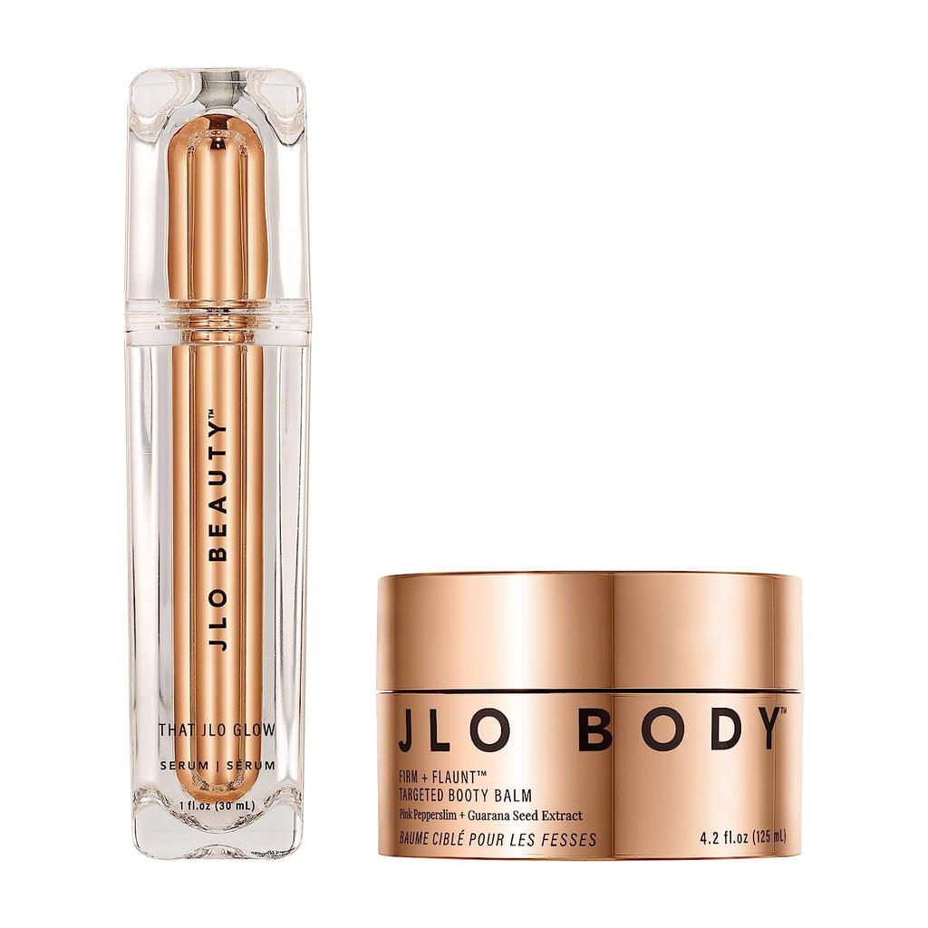 JLO BEAUTY That Head-To-Toe Glow Holiday Duo | Includes 1 Oz That JLO Glow Serum and 4.2 Ounce Firm + Flaunt Targeted Booty Balm, Firms, Hydrates, Plumps, and Fades the Appearance of Stretch Marks