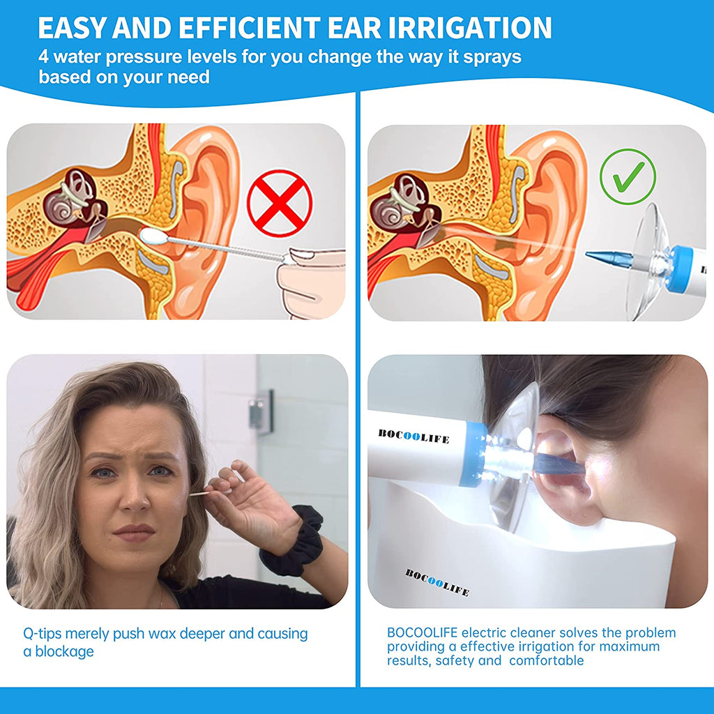BOCOOLIFE Electric Ear Wax Remove Removal, Ear Irrigation System Kit, Ear Irrigation Cleaner, Ear Cerumen Wax Washer, Safe and Easy Ear Cleaning with 4 Pressure Levels,5 Disposable Tips & Ear Basin