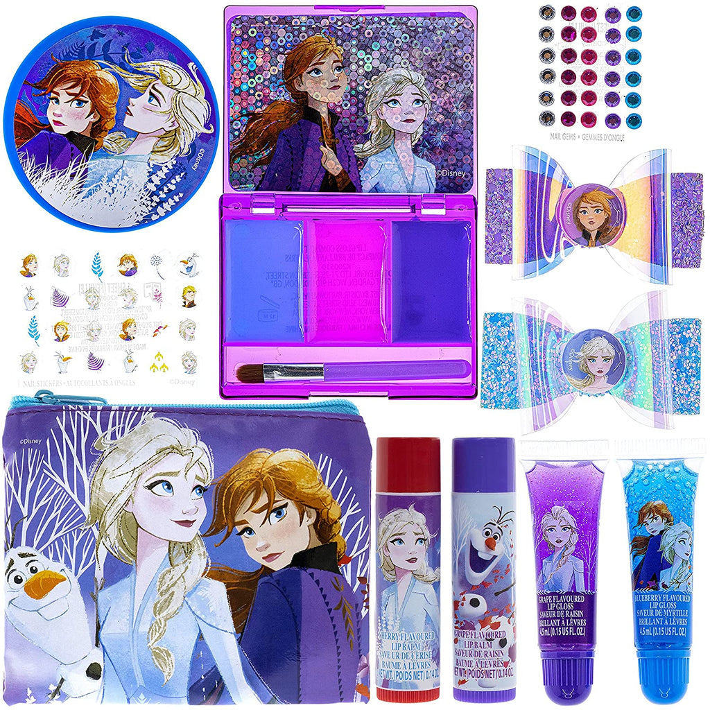 "Disney Frozen Glamour Kit: Sparkling Makeup Set for Girls with Lip Gloss, Nail Stickers, Lip Balm, and Mirror - Perfect for Parties, Sleepovers, and Makeovers!"