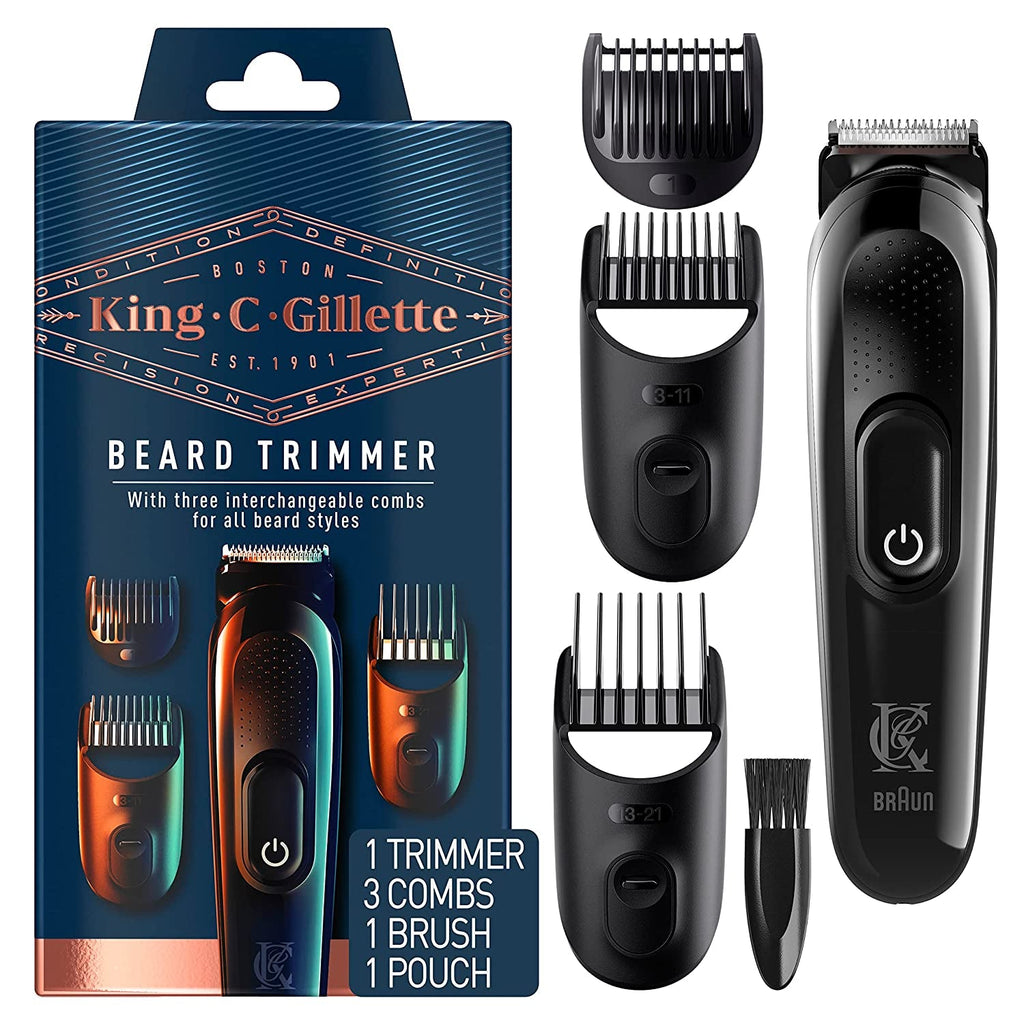"Ultimate Grooming Kit for Men: King C. Gillette Cordless Beard Trimmer - Complete with Interchangeable Combs, Cleaning Brush, Charger, and Travel Bag in Sleek Blue Design"