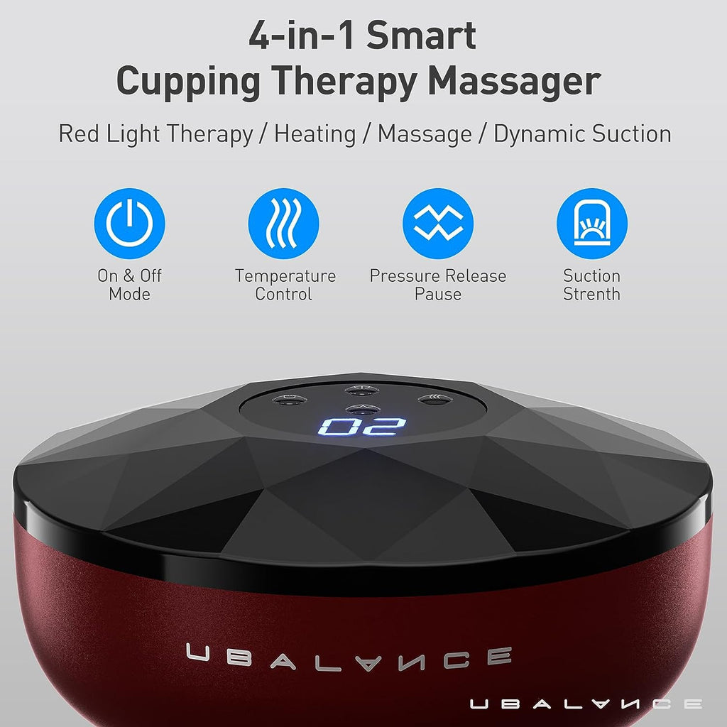 UBALANCE Electric Cupping Therapy Set - 4 in 1 Smart Cellulite Massager with Red Light Therapy for Stress Pain Relief, Muscle Knots,Circulation,Tighter Skin - Portable Cupping Kit-Red
