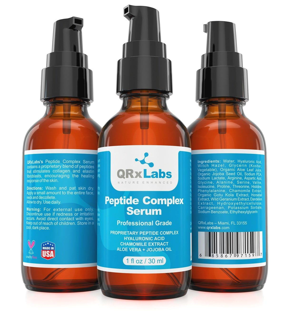 Peptide Complex Serum Collagen Booster for the Face with Hyaluronic Acid and Chamomile Extract - Anti-Aging Peptide Serum, Reduces Wrinkles, Heals and Repairs Skin - Tightening Effect - 1 Fl Oz - Free & Fast Delivery