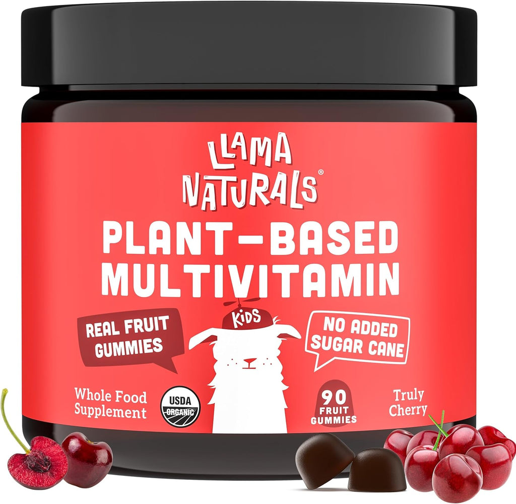 Llama Naturals Real Fruit Gummy Vitamins for Kids, No Added Sugar Cane, Beta Carotenes, Whole Food Multivitamin, Vegan Toddler Gummies, Plant Based, Organic, Chewable 90 Ct (30-45 Days) Strawberry