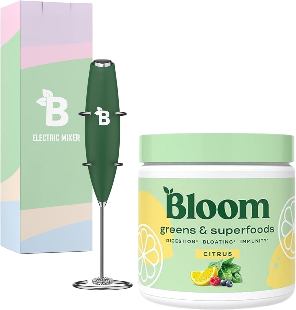"Bloom Nutrition Citrus Super Greens Smoothie Mix with Probiotics for Women's Digestive Health and Bloating Relief, Includes Milk Frother for Creamy Perfection!"