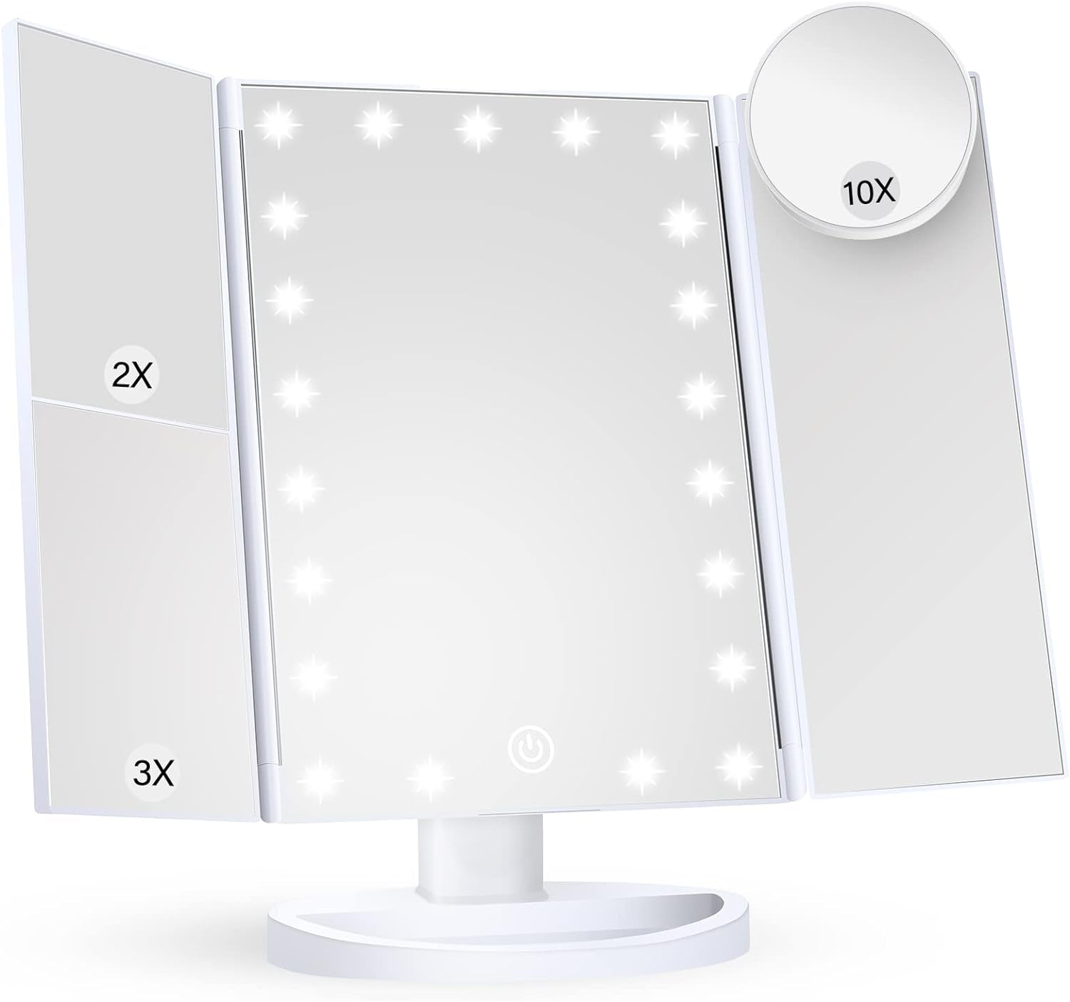 "Illuminate Your Beauty: Rose Gold Trifold Makeup Mirror with Lights, 10X 3X 2X Magnification, Touch Control, Dual Power Supply - Perfect Portable LED Vanity Mirror for Women"