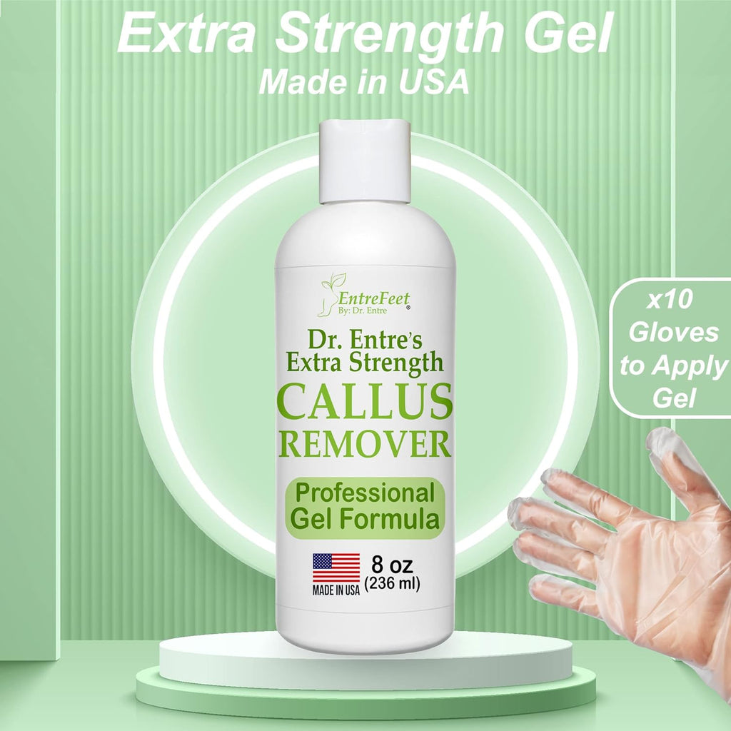 "Say Goodbye to Calluses with Dr. Entre's Ultimate Foot Care Kit: Complete with Callus Remover Gel, Foot File, Pumice Stone, 5 Glove Pairs for Easy Application, Spa-Quality Pedicure Tools, and a Scrubber - 8Oz of Pure Bliss!"