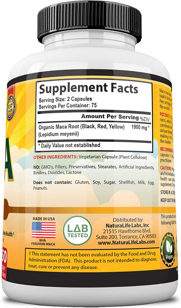 Organic Maca Root Black, Red, Yellow 1900 MG per Serving - 150 Vegan Capsules Peruvian Maca Root Gelatinized 100% Pure Non-Gmo Supports Reproductive Health Natural Energizer-Best Deal On Holiocare