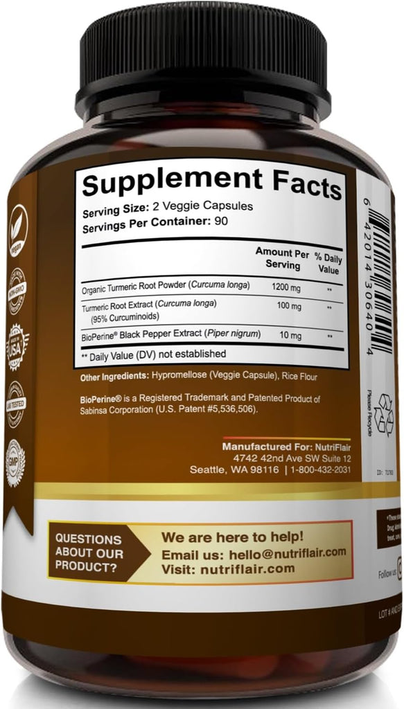 "Turmeric Powerhouse: Boost Your Health with Nutriflair's 1300mg Turmeric Curcumin Supplement - Enhanced with Bioperine for Maximum Absorption - 180 Capsules"