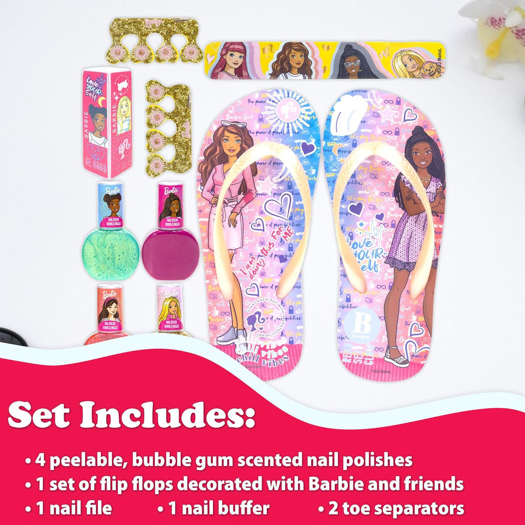 "Barbie Beauty Spa Set: 18-Piece Non-Toxic Peel-Off Nail Polish Kit with Glittery Colors, Nail Accessories, and Spa Sandals - Perfect for Girls Ages 3+!"