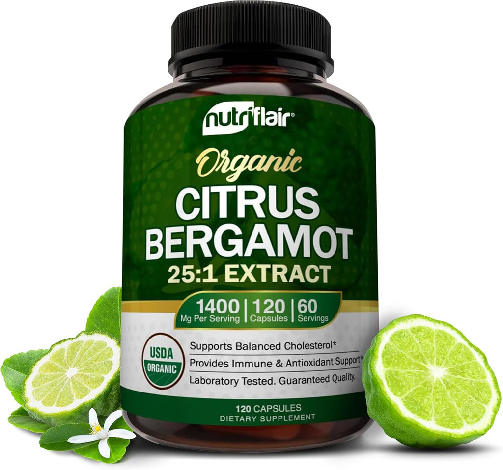 "Boost Heart Health Naturally with Nutriflair Organic Citrus Bergamot - Powerful 1400mg Formula with Essential Oil and Bioflavonoids - 120 Capsules for Men and Women - Non-GMO Heart Health Supplements"