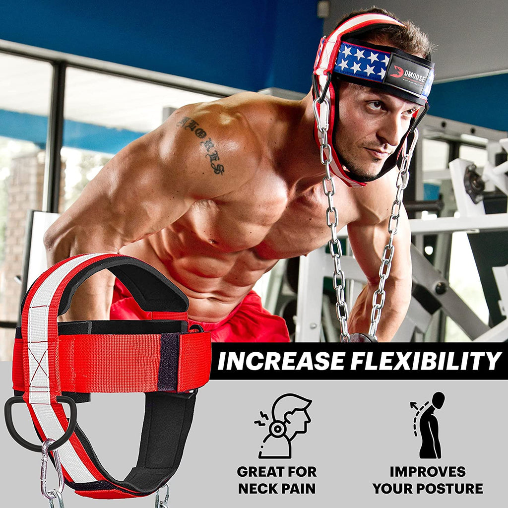 Dmoose Neck Harness, Increases Neck Core Strength and Supports Injury Recovery - Neck Exerciser with 30" Heavy Duty Steel Chain, Adjustable Head and Chin Neoprene Strap, Neck Trainer for Home and Gym