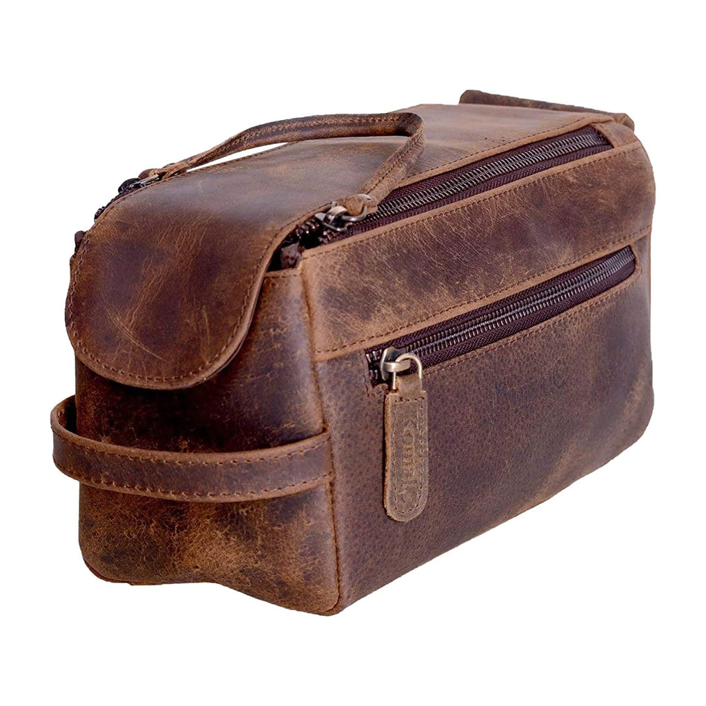 "Travel in Style with the Luxurious KOMALC Premium Buffalo Leather Unisex Toiletry Bag Dopp Kit"