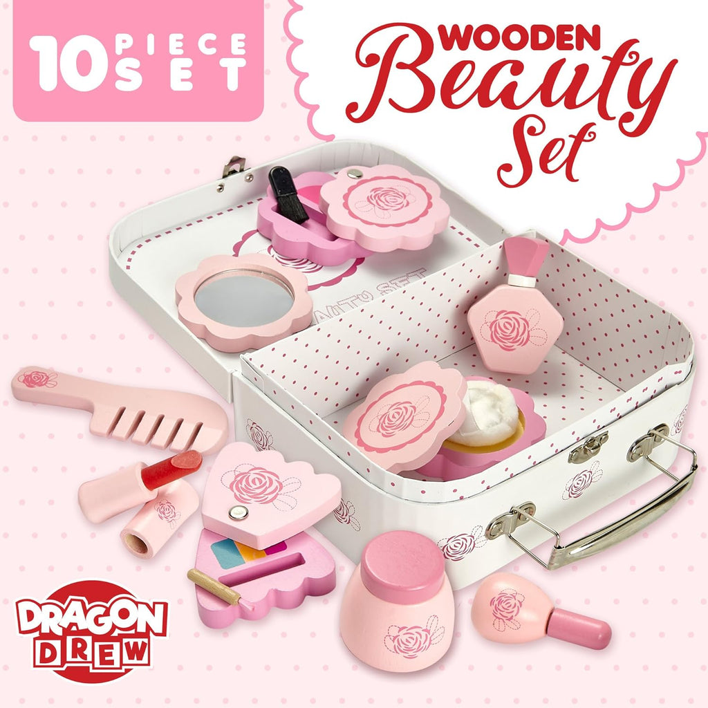 "Enchanting Dragon Drew Wooden Beauty Set - Complete 10 Piece Kit for Glamorous Girls - Includes Makeup, Brush, Mirror, and Chic Cosmetics Case - Crafted from Pure Wood, Non-Toxic Paint, and Delightfully Smooth Edges"