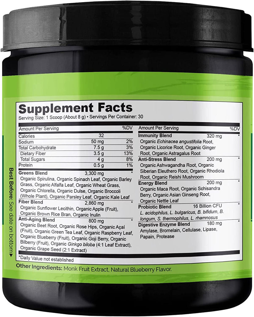 NATURELO Raw Greens Superfood Powder - Wild Berry Flavor - Boost Energy, Detox, Enhance Health - Organic Spirulina - Wheat Grass - Whole Food Nutrition from Fruits & Vegetables - 30 Servings