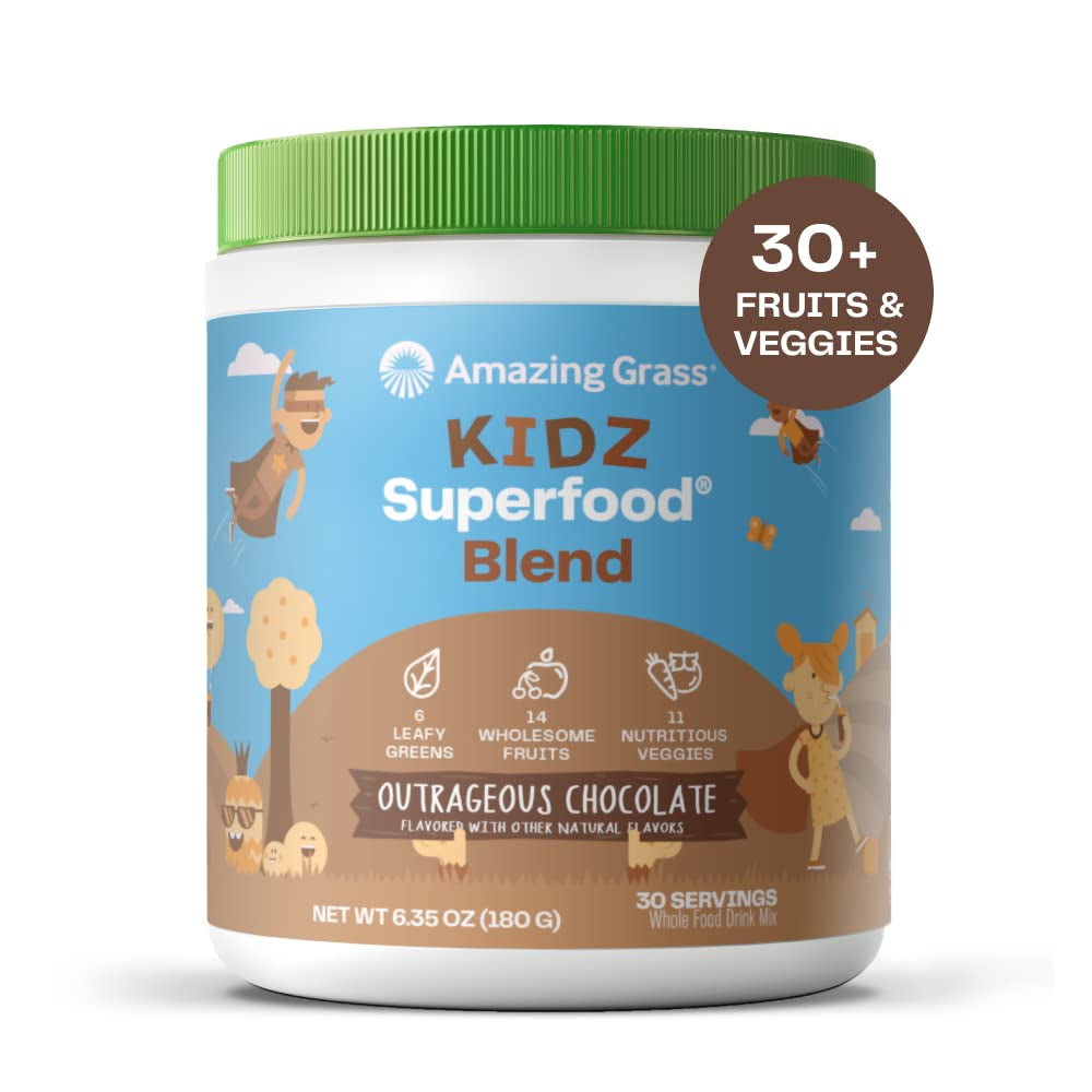 "Deliciously Nutritious: Organic Superfood for Kids - Boosted with Greens, Fruits, Veggies, and Probiotics - Outrageous Chocolate Flavor - 30 Servings, 6.35 Ounce (Pack of 1)"