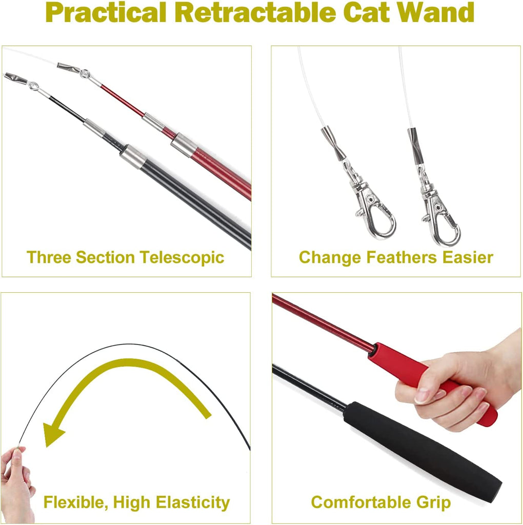 Meohui Cat Toys for Indoor Cats, Interactive Cat Toy 2PCS Retractable Cat Wand Toy and 9PCS Cat Feather Toys Refills, Funny Kitten Toys Cat Fishing Pole Toy for Bored Indoor Cats Chase and Exercise
