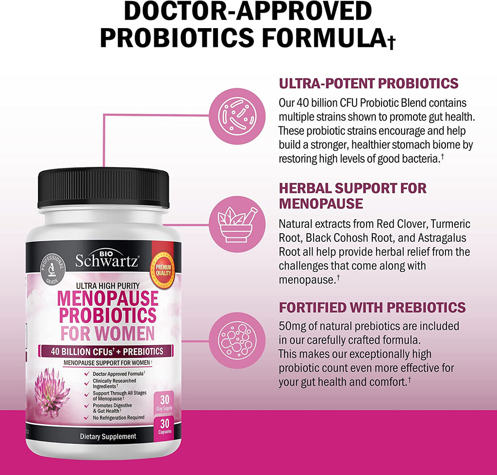 Menopause Support Probiotics for Women - Natural Menopause Relief for Hot Flashes Night Sweats Mood Swings and Hormone Balance - Menopause Supplements for Women with Astragalus - 30 Count 30 Servings