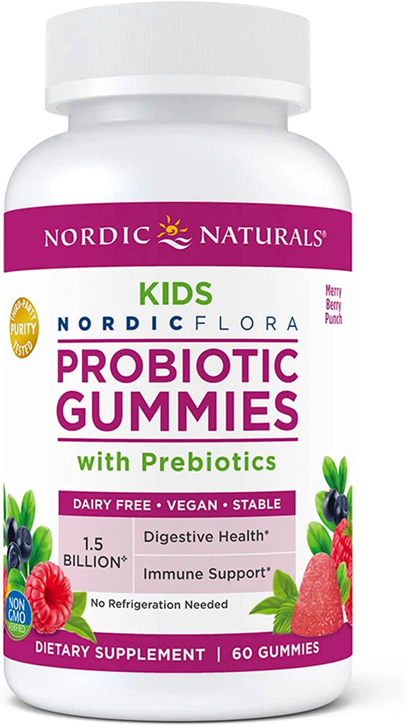 Nordic Naturals Kids Nordic Flora Probiotic Gummies, Merry Berry Punch - 60 Gummies - 1.5 Billion CFU & Prebiotic Fiber - Non-Gmo, Vegan - 30 Servings - Free & Fast Delivery