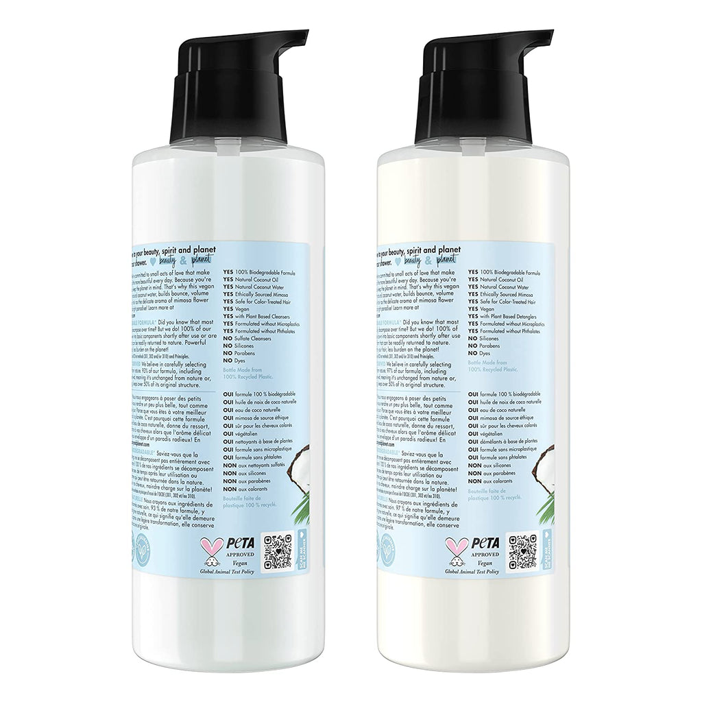 Love Beauty and Planet Volume and Bounty Thickening Shampoo and Conditioner Coconut Water and Mimosa Flower 2 Count Hair Care for Fine Hair Sulfate-Free, Paraben-Free, Vegan 32 Oz