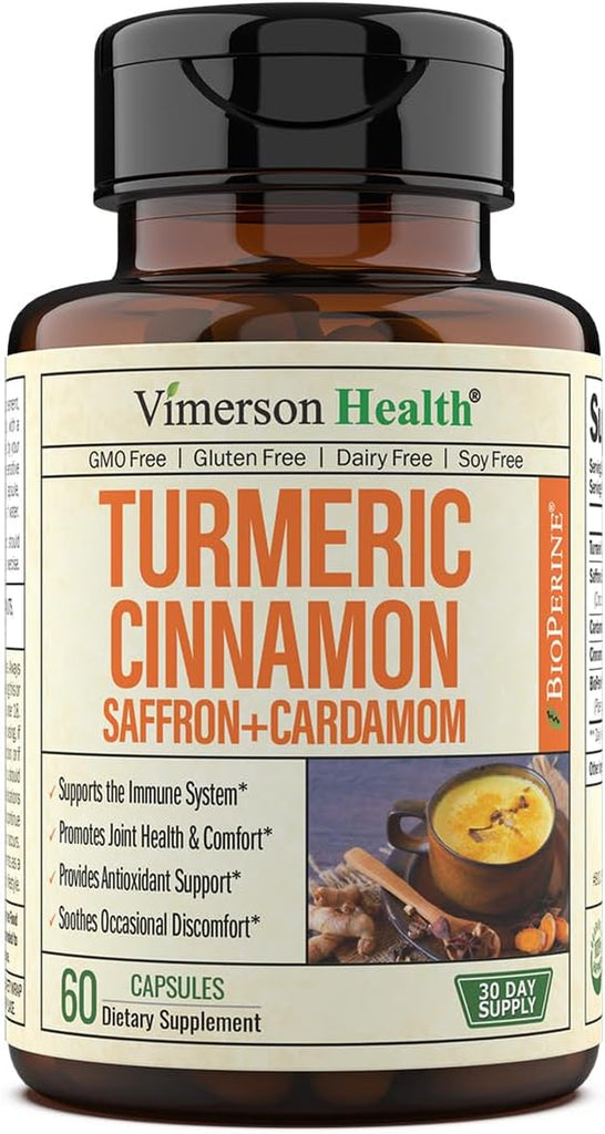 Turmeric Saffron Supplements with Cinnamon & Cardamom - Antioxidant Joint Support Supplement Contains Turmeric Curcumin with Black Pepper for Mood, Memory, Eye Health & Well-Being - 60 Capsules