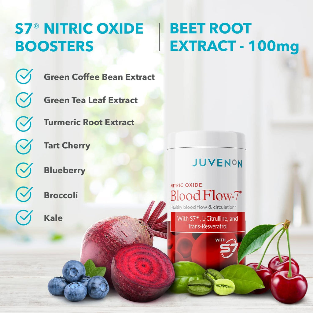 Juvenon Bloodflow-7 Blood Circulation Supplement Butch Booster Beetrootnitric Oxide Booster Varicose Vein Optimizer Blood Pressure and Cholesterol Support Healthy Legs and Feet 90 Capsules